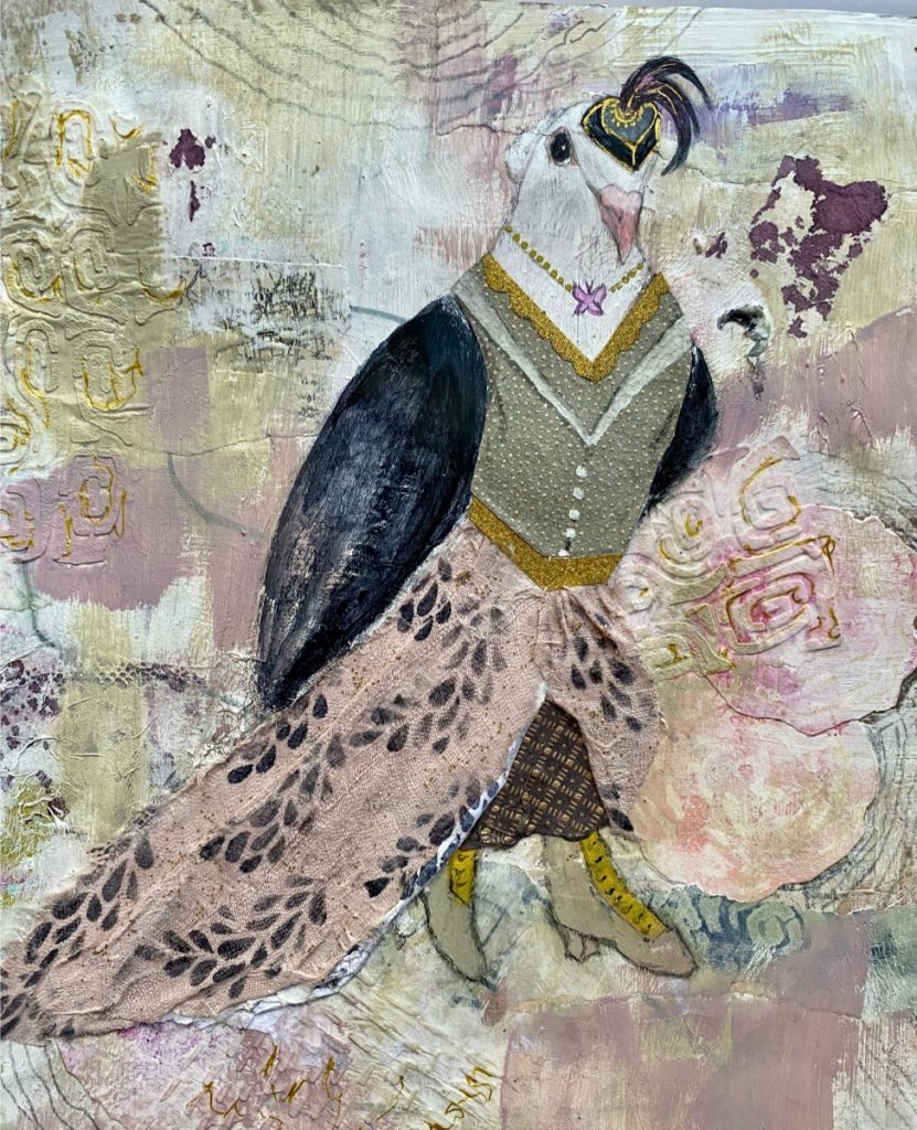 A rescued pigeon wearing collaged Victorian clothing 