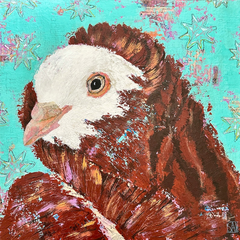 Mixed-media portrait of rescued Old Dutch Capuchine pigeon Jacob, surrounded by a bright blue background with stars