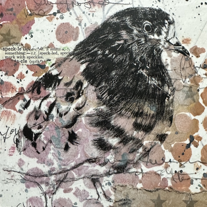A mixed-media portrait of rescued domestic pigeon Speckle