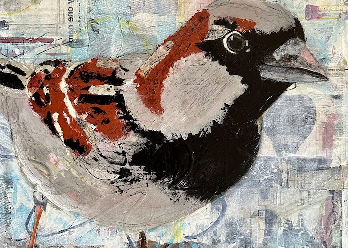 Mixed media portrait of an inquisitive house sparrow