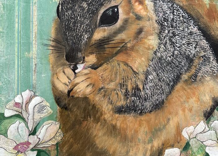 Mixed-media portrait of rescued squirrel Mary Jane nibbling on a blossom