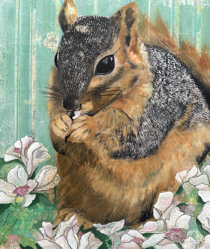 Mixed-media portrait of rescued squirrel Mary Jane nibbling on a blossom